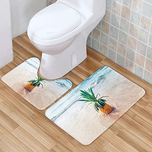 Badezimmerteppich-Set mit 2 Stück, Ananas am Meer, bedruckt, Flanell, rutschfest, saugfähig, Badezimmerteppich, WC, U-förmiger Konturteppich