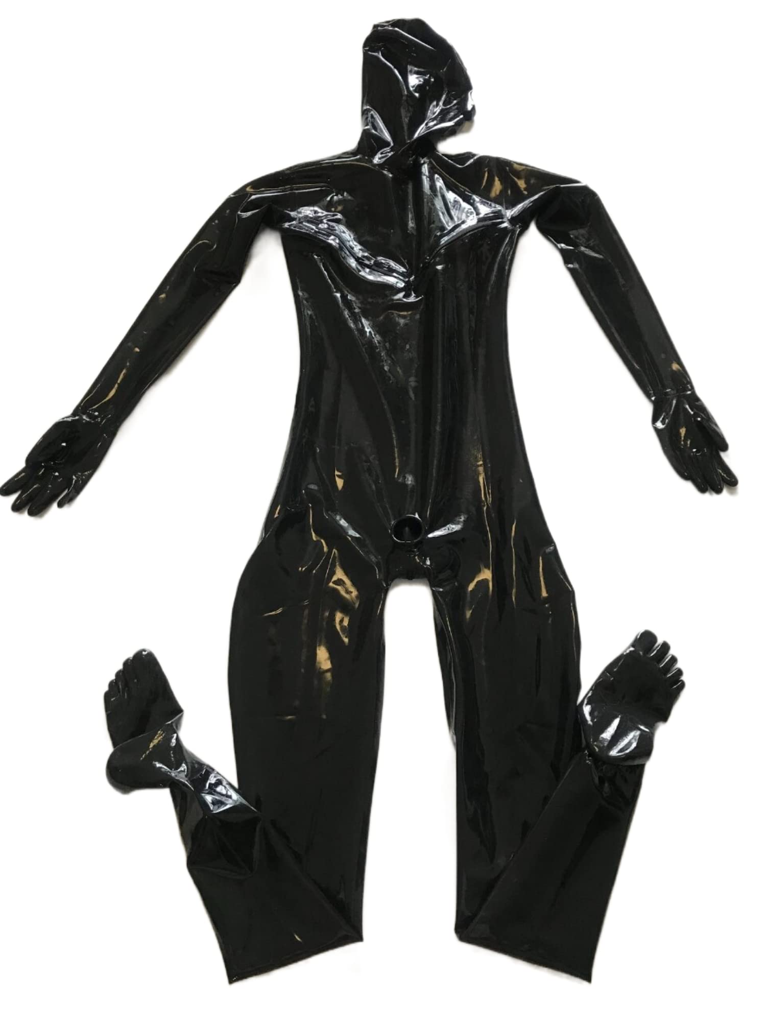 Sexy schwarzer Ganzkörper-Catsuit mit Kapuze, Handschuhen, Zehensocken und Mesh-Augen, Penis, Kondom, Brustreißverschluss