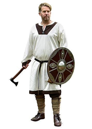 Battle-Merchant Wikinger Tunika Vallentin Langarm für Herren Baumwolle | Mittelalter LARP Vikings mittelalterliches Kostüm (Natur/Braun/XL)