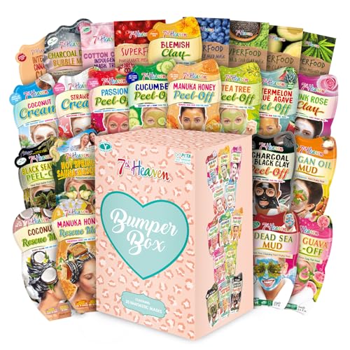 7th Heaven Bumper Box Geschenkset - Enthält eine Vielzahl von 25 Gesichtsmasken, einschließlich Abziehmasken, Schlamm-Gesichtsmasken und Haarrettungsmasken, ideal für alle Hauttypen