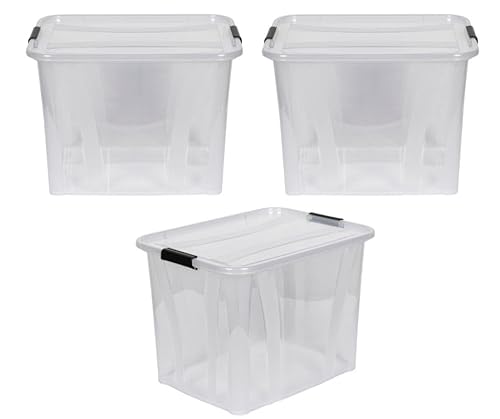 Kreher® XL Aufbewahrungsboxen mit Deckel aus Lebensmittel-geeignetem Kunststoff in Transparent. Stapelbare Lagerboxen für Haushalt, Garage, Industrie (55 Liter, 3er Set)