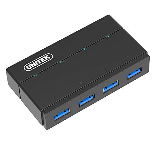 UNITEK Aktiv USB Hub 4 Port 3.0 Gen 1 + Stromversorgung, SuperSpeed Datenhub Multiport Verteiler für PC, Laptop, Tastatur, Mouse, Drucker, iOS (Mac) + Windows Kompatibilität, Plug&Play Schwarz