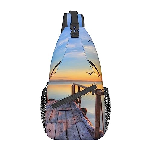 Schulter-Rucksack mit See unter Sonnenuntergang, leicht, faltbar, wasserabweisend, für den täglichen Gebrauch, Schwarz , Einheitsgröße