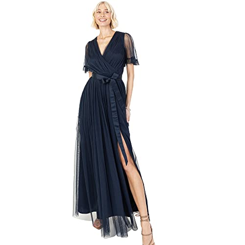 Anaya with Love Damen Ladies Maxi Dress for Women V Neckline Short Sleeve Frilly Long Empire Waist for Wedding Guest Bridesmaid Maid of Honour Kleid, Navy,