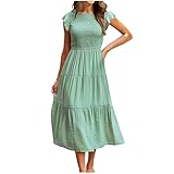 WANWEN Sommerkleid mit Gesmoktem Oberteil, Gesmoktes Sommerkleid, Kurzarm-Rundhalsausschnitt, Elastische Taille, Abgestufte Midikleider, Damen-Strandpartykleid (hellgrün,XL)