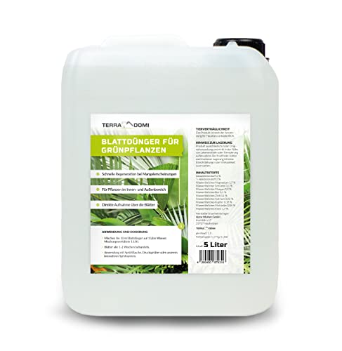 TerraDomi Blattdünger für Grünpflanzen | Für Palmen, Kakteen und andere Pflanzen | schnelle Hilfe bei Mangelerscheinungen und Nährstoffmangel | Für grüne und gesunde Blätter | 5 Liter