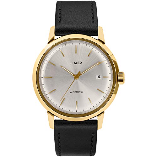 Timex Men's Marlin Automatic 40mm Watch Silver-Tone Dial & Gold-Tone Case with Black Genuine Leather Strap