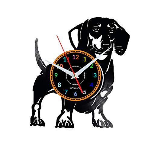 EVEVO Dackel Hund Wanduhr Vinyl Schallplatte Retro-Uhr groß Uhren Style Raum Home Dekorationen Tolles Geschenk Wanduhr Dackel Hund