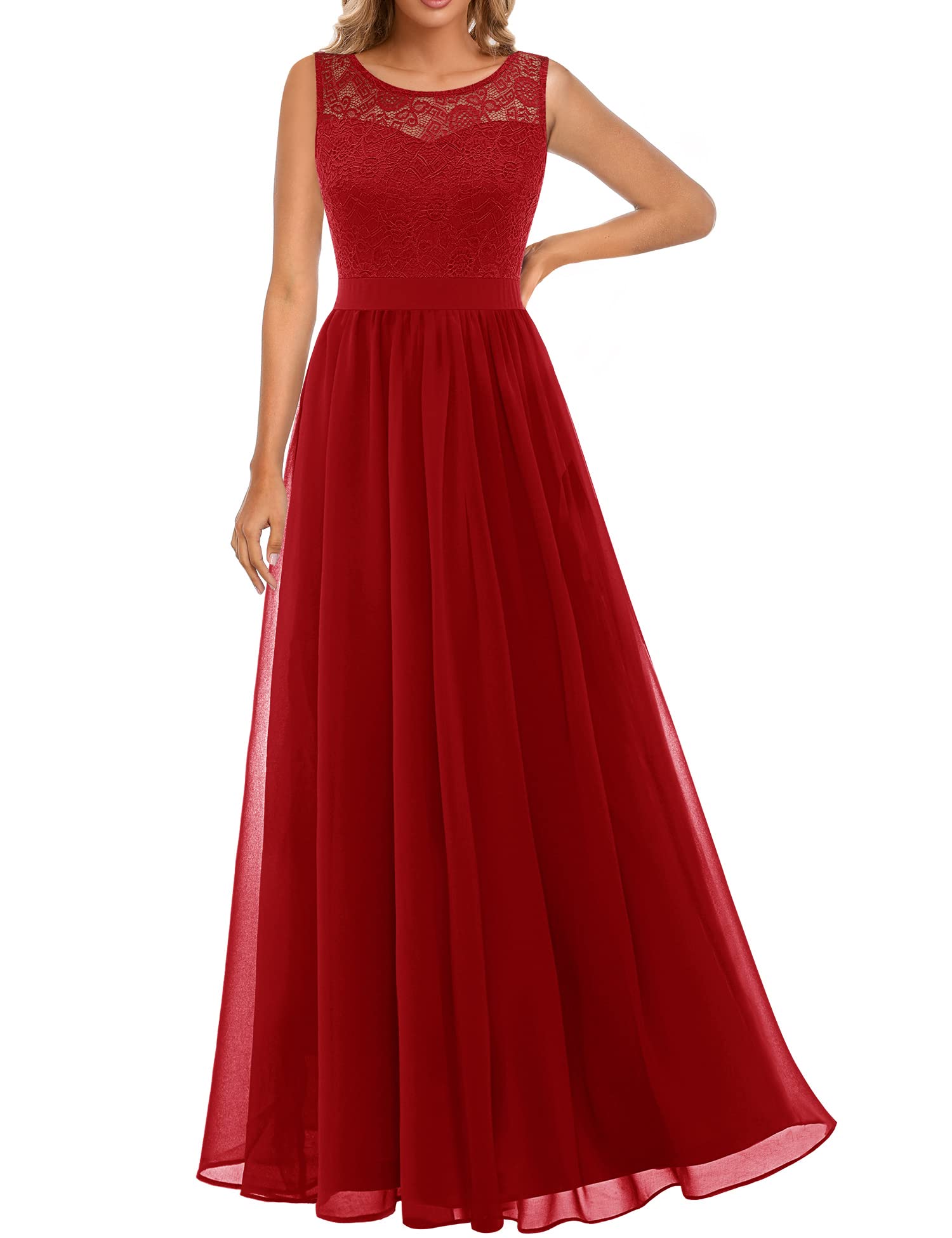 Dressystar 0046 Abendkleid Basic Chiffon Spitzen Ärmellos Brautjungfernkleider Bodenlang Rot XL