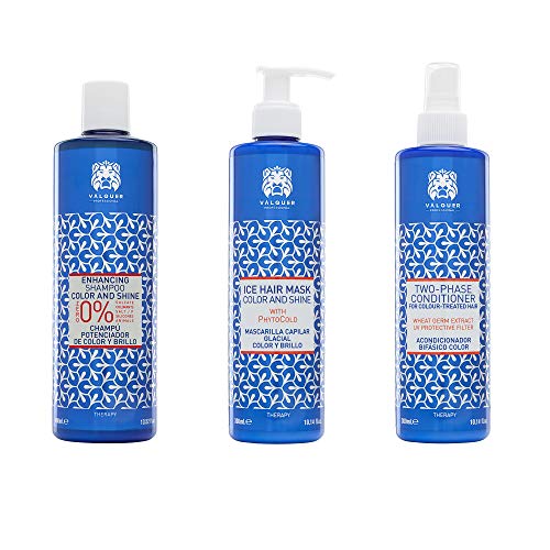 Valquer Professional Haarfarbenverstärker-Pack für gefärbtes Haar: Zero% Shampoo 400 ml + Ice Effect Mask 100 ml + Biphasic Conditioner 100 ml (1300 g - 3 Einheiten)