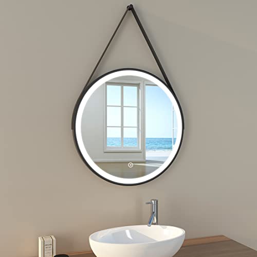EMKE Badezimmerspiegel mit Licht 60 cm Durchmesser, runder LED-Badezimmerspiegel mit Touch-Schalter + Memory-Funktion, schwarzer Rahmen + Verstellbarer Spiegelwand, Modell C