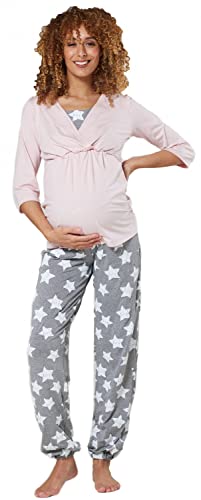 HAPPY MAMA. Damen Umstandspyjama Stillfunktion Stillschlafanzug 3/4 Ärmeln. 060p (Puderrosa & Graue Melange mit Sternen, 42, XL)