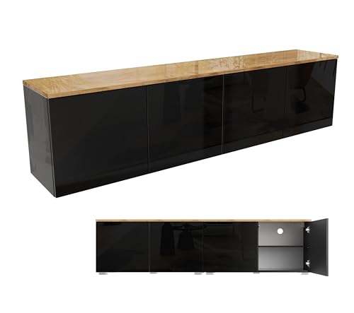 TV Lowboard Sideboard 90 cm / 180 cm breit mit Push-to -Open-Funktion hängend stehend für Wohn-, Schlaf-, Kinderzimmer in Hochglanz Eiche Gold (Eiche Hochglanz / Schwarz Hochglanz, 180 (2 x 90) cm)
