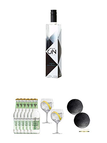Biercee Premium Gin Belgien 0,7 Liter + Fever Tree Elderflower Tonic Water 6 x 0,2 Liter + Spiegelau Gin & Tonic 4390179 2 Gläser + Schiefer Glasuntersetzer RUND ca. 2 x 9,5 cm Durchmesser