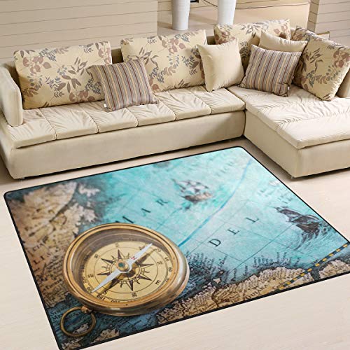 Use7 Teppich, Motiv: Alter Kompass auf Weltkarte, für Wohnzimmer, Schlafzimmer, Textil, Mehrfarbig, 203cm x 147.3cm(7 x 5 feet)