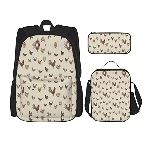 Lawenp Art Chicken Animal Painting Schulranzen 3er Set Cross Lunch Bag Pencil Bag Set Jungen und Mädchen Schulranzen