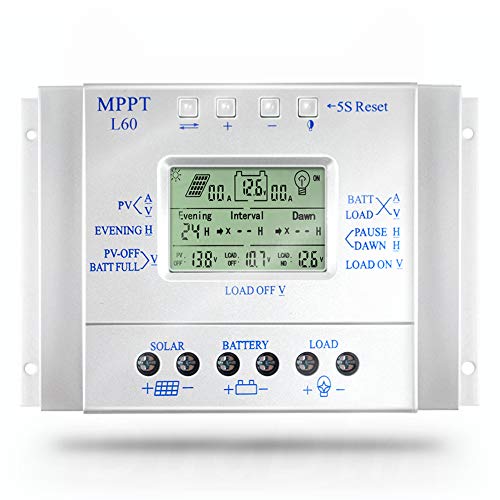 MPPT 60A Solarladeregler LCD Display Solarregler 12V 24V mit Licht- und Timersteuerung Einfach für PV einstellbar