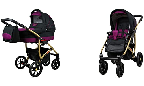 BabyLux Largo 2-in-1 Baby Kinderwagen Tief und Kinderwagen mit Zubehör Verstellbar und faltbar Aluminiumkonstruktion Wasserdicht Nicht abnehmbare Räder Black Purple Gold Frame