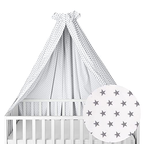 Sugarapple Himmel für Babybetten, Kinderbetten quer verwendbar, weiß mit grauen Sternen, 100% Öko-Tex Baumwolle, 280x170 cm