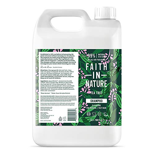 Faith in Nature Natürliches Teebaum Shampoo, Reinigend, Vegan & Ohne Tierversuche, Frei von Parabenen und SLS, für Normales bis Öliges Haar, 5 L Nachfüllpackung