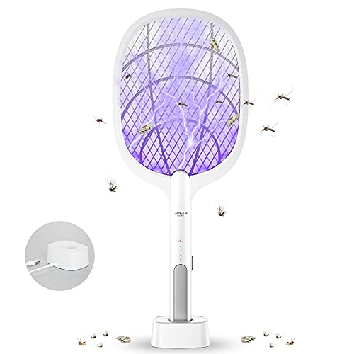 DANGZW Elektrische Fliegenklatsche, 2 in 1 3000V USB Wiederaufladbarer Fliegenklatsche Elektrisch mit Ladebasis, Elektrische Fliegenfänger Insektenvernichter für Mücken, Fliegen, Bienen, Motten
