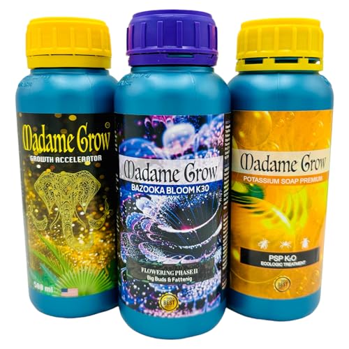 Madame Grow - Mohn-Kit - Organische Düngemittel - Wurzelstimulator, Blütendicker und natürliche Abwehr - Growth Accelerator, Bazooka Bloom und Kaliseife - je 3 x 500 ml