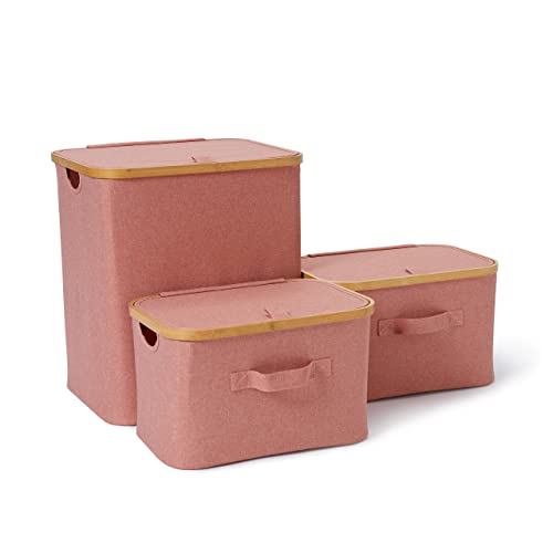 Lumaland faltbare Bambus-Rahmen-Aufbewahrungsbox 3er Set mit Deckel Boxen in den Maßen zweimal 38 x 26 x 23 cm und 40,5 x 33 x 45 cm, Rosa
