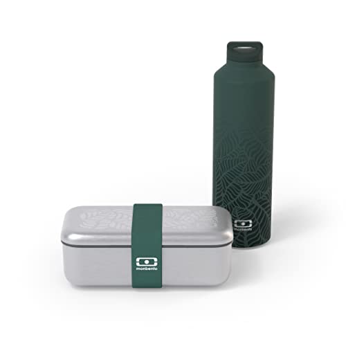 monbento - Jungle Lunchbox Set - Metall brotdose MB Sense, Isotherme Wasser Flasche MB Steel 500ml - Natur Muster - BPA Frei - Grün