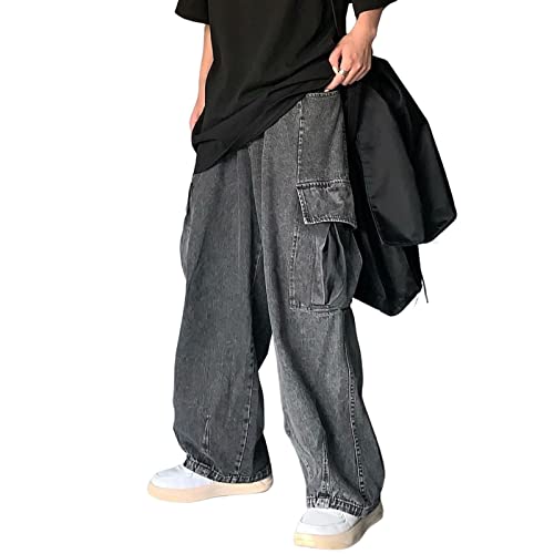 Sawmew Herren Baggy Jeans Hip Hop Jeans Teenager Junge Streetwear Skateboard Y2K Hose Mode Skater Skateboard Hose (Color : Black, Size : S)