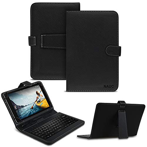 NAUC Tablet Tasche kompatibel für Medion Lifetab E10420 Keyboard USB Hülle Tastatur QWERTZ Schutzhülle Kunstleder Cover Universal 10.1 Zoll Case Schwarz