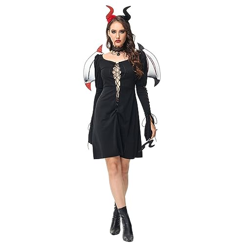 ZOUTYI Halloween Dämon Hexe Cosplay Kostüm Frauen Schwarz Sexy Hollow Out Kleid Anzug Gothic Geist Vampir Kostüm Karneval Party Kleidung,Schwarz,XL