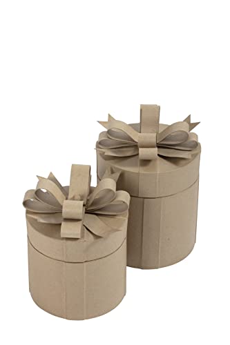 Décopatch BT081C - Set mit 2 Geschenkboxen aus Pappmaché mit Schleife, rund 26x26x27cm, zum Verzieren, 1 Set, Kartonbraun