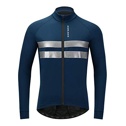 WOSAWE Herren Thermo Fleece Fahrradjacke Winter Biking Jersey Langarm Reflektierendes Bike Outfit, Blau L.