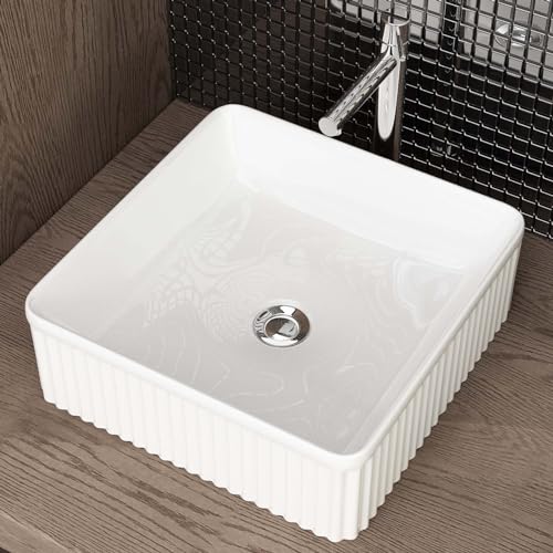 waschbecken24 | Aufsatzwaschbecken | Quadratisches Waschbecken ohne Hahnloch | Premium-Qualität | Einfache Installation | Modernes Design (37x37x13cm, Weiß / A681)