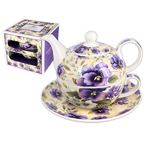 CARMANI - Eleganter Tee für eine Person - Set von Teekocher verziert mit 'blaue Stiefmütterchen' 350ml