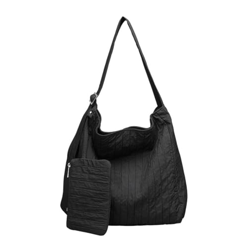 CASNO Taschen für Damen, große Kapazität, Reißverschluss, einfarbig, plissiert, gestreift, Canvas, Umhängetasche, Eimer, Handtasche mit kleiner Tasche, Schwarz