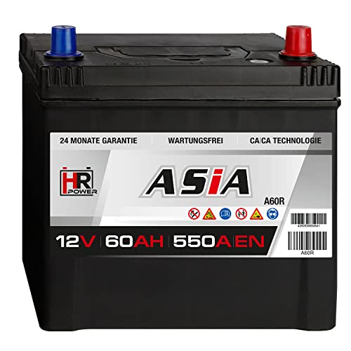 HR HiPower ASIA Autobatterie 12V 60Ah Japan Pluspol Rechts Starterbatterie ersetzt 40Ah 50Ah 65Ah 70Ah