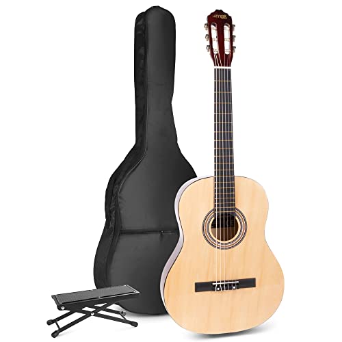 MAX SoloArt akustische Gitarre mit Tasche und Fußstütze, Stimmgerät, Plektrum, Gurt und Zubehör - Spanische Akustik-Gitarre für Anfänger, Konzertgitarre in Holz-Natur