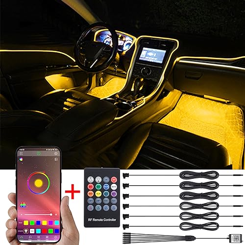 TABEN Auto-Umgebungsbeleuchtungs-Kit, 6 in 1 mit 8 m Glasfaser-Mehrfarben-Autobeleuchtungs-Kit, Musik-Rhythmus-Sound-Aktiver Speicherfunktion, drahtloser Fernbedienung und Bluetooth-APP-Steuerung 12V
