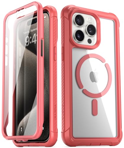 POETIC Guardian MagPro Hülle Kompatibel mit iPhone 15 Pro 6,1 Zoll,[Kompatibel mit MagSafe], Full-Body Hybrid Stoßfeste Schutzhülle Clear Cover Hülle mit integrierter Displayschutz, Pink/Klar