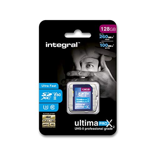 Speicherkarte SD xC 128 GB UltimaPro X2 Ultra High Speed bis zu 260 MB/s Lesen, 100 MB/s Schreiben, Videoaufzeichnung 4 K, 8 K, 360, 3D, Klasse 10, UHS-II, U3, V60, by Integral Memory