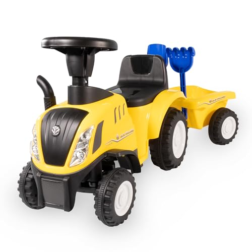 Rutschauto Traktor New Holland ab 1 Jahr | Kinderauto mit Anhänger | Rutschfahrzeug mit Schaufel und Rechen | Kinderfahrzeug in gelb | Rutscher mit Soundtasten und Licht | Lizenziertes Kinderspielzeug