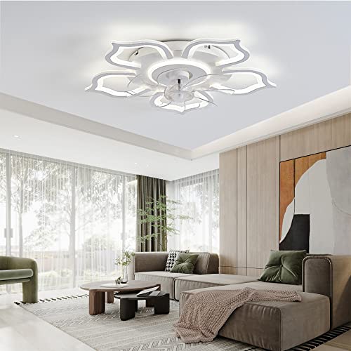 Großer Floraler Wohnzimmer-Deckenventilator Mit Licht, Deckenventilator Design LED Dimmbar, Reversibler DC-Motor, Winter- Und Sommermodus, Deckenleuchte Mit Ventilator Und Zeitschaltuhr-White||65CM