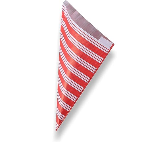 1000x Spitztüten, Snacktüten, Kraftpapier, Weiß, roten Streifen, 125g, 19cm lang