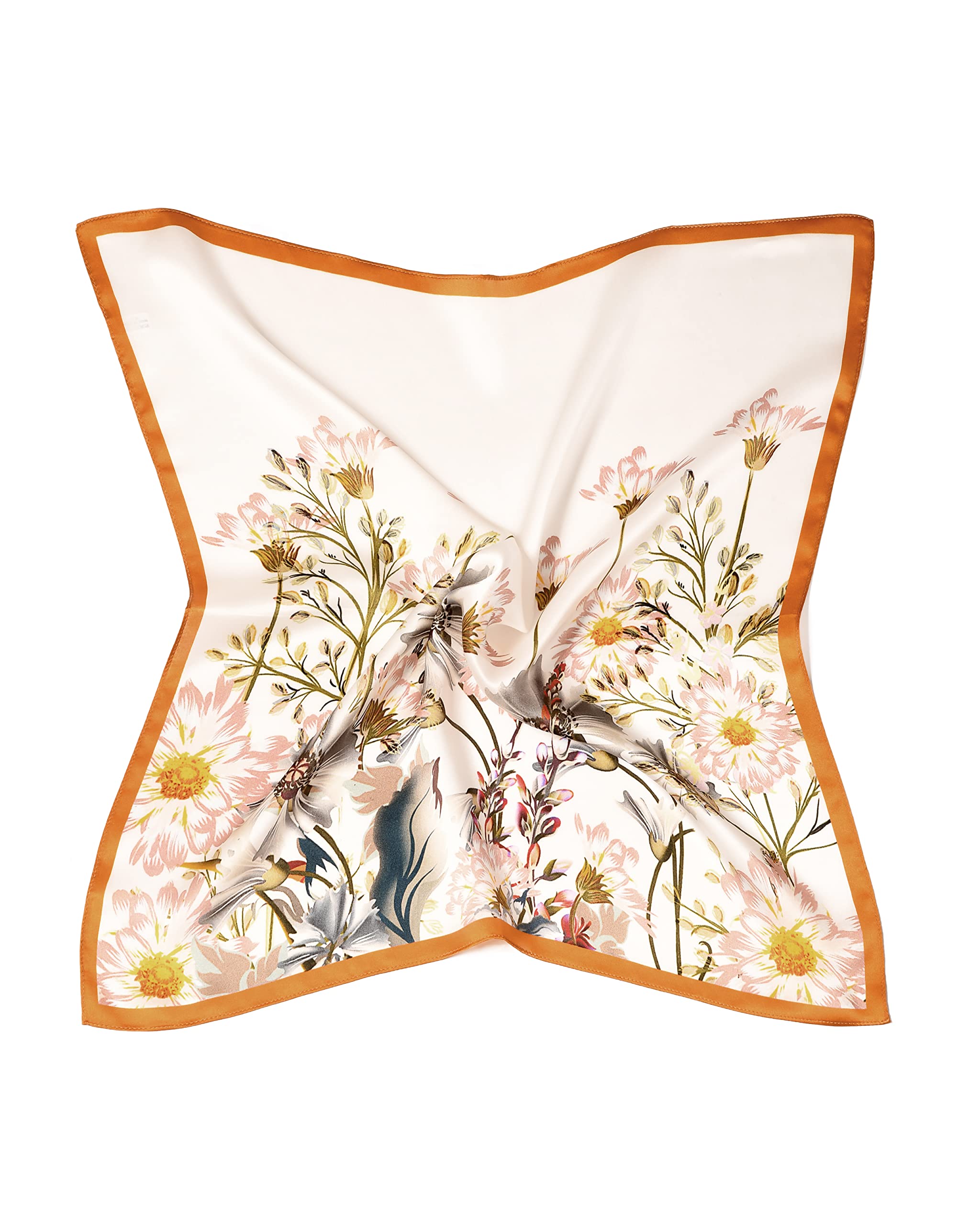MayTree Seidentuch, buntes Halstuch für Damen, Nickituch aus 100% Maulbeer-Seide, quadratisch Sommerblüte 53x53, rosa orange weiss