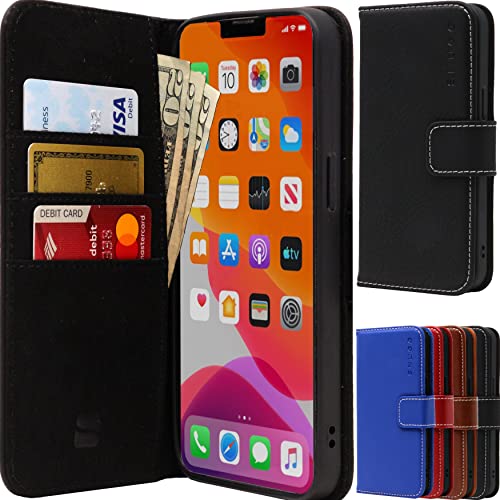 Snugg iPhone 14 Hülle Wallet - Faltbare Wallet Case mit 3 Kartenfächern, Magnetverschluss und Handy-Standfunktion - Leder, TPU, Nubuk iPhone 14 Wallet Case - Schwarz