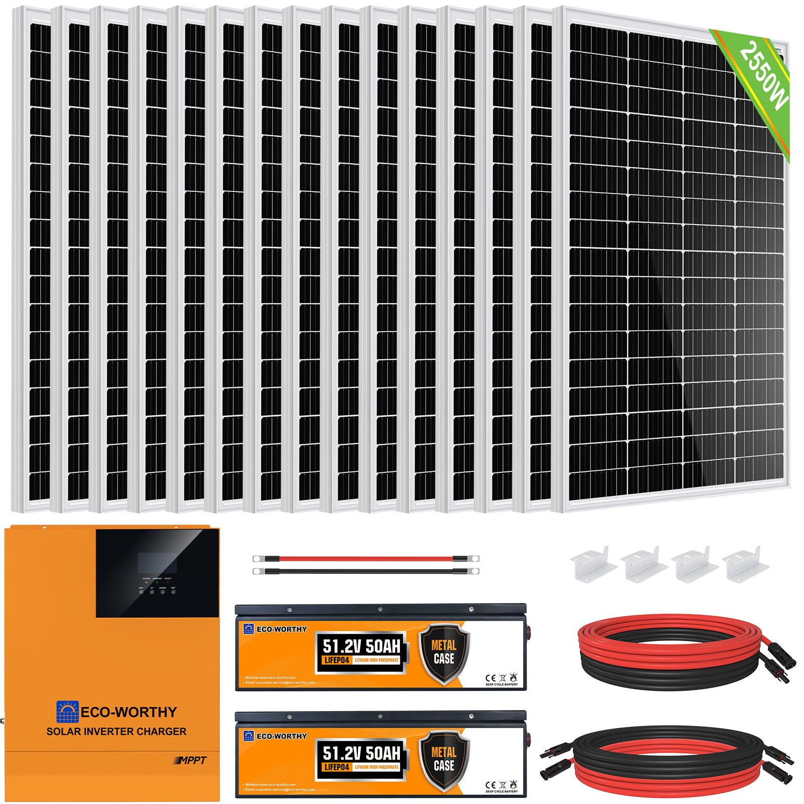 ECO-WORTHY 10.2KWH 2500W 48V Solaranlage Komplettset mit LiFePO4 für Netzunabhängige System,Wohnmobil: 15 * 170W Solarpanel+ 2 * 48V 50Ah LiFePO4+5000W 48V Hybrid Inverter