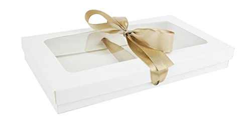 Emartbuy Geschenkbox, rechteckig, 21 cm x 12,5 cm x 2,5 cm, weißer Kraftkarton mit transparentem Deckel und Satinband, 12 Stück