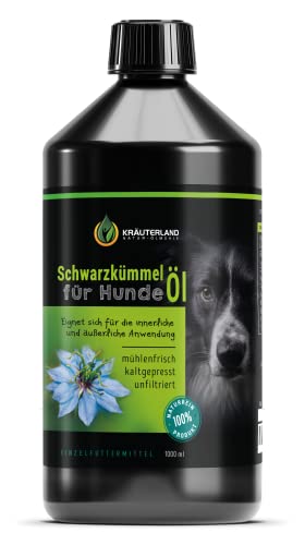 Kräuterland Schwarzkümmelöl für Hunde, 1000ml, ungefiltert, kaltgepresst, 100% rein, mühlenfrisch, direkt vom Hersteller, auch zur Fellpflege