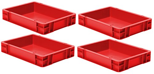 4 St. Euroformat-Stapelbehälter, rot, 400 x 300 x 75 mm (LxBxH), Wände u. Boden geschlossen, 9 Liter, aus PPN
